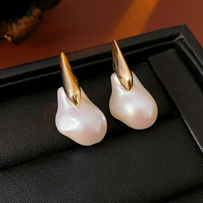 Real Gold Electroplated Silver Needle Artificial Pearl Earrings Irregular All-Match