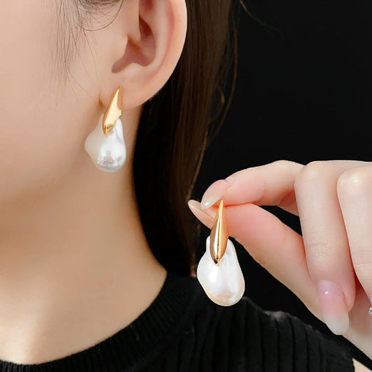 Real Gold Electroplated Silver Needle Artificial Pearl Earrings Irregular All-Match