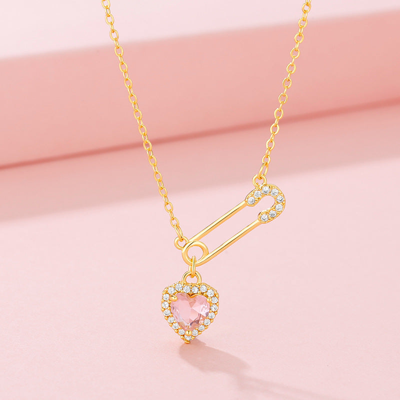 Rhinestone Heart-shaped Pin Necklace Special-interest Design Exquisite High-grade Light Luxury Clavicle Chain